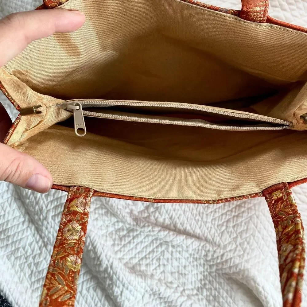 Vintage 90s Asian Boho Retro Orange Gold Top Handle Tapestry Mini Bag